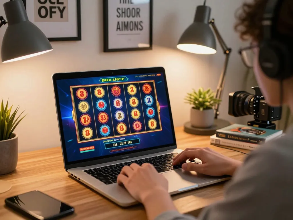 Player enjoying Booster JP online slots with vibrant graphics in a cozy home setting.