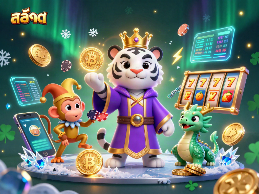 Engage with สล็อต through vibrant 3D characters in a dynamic casino scene with golden coins.