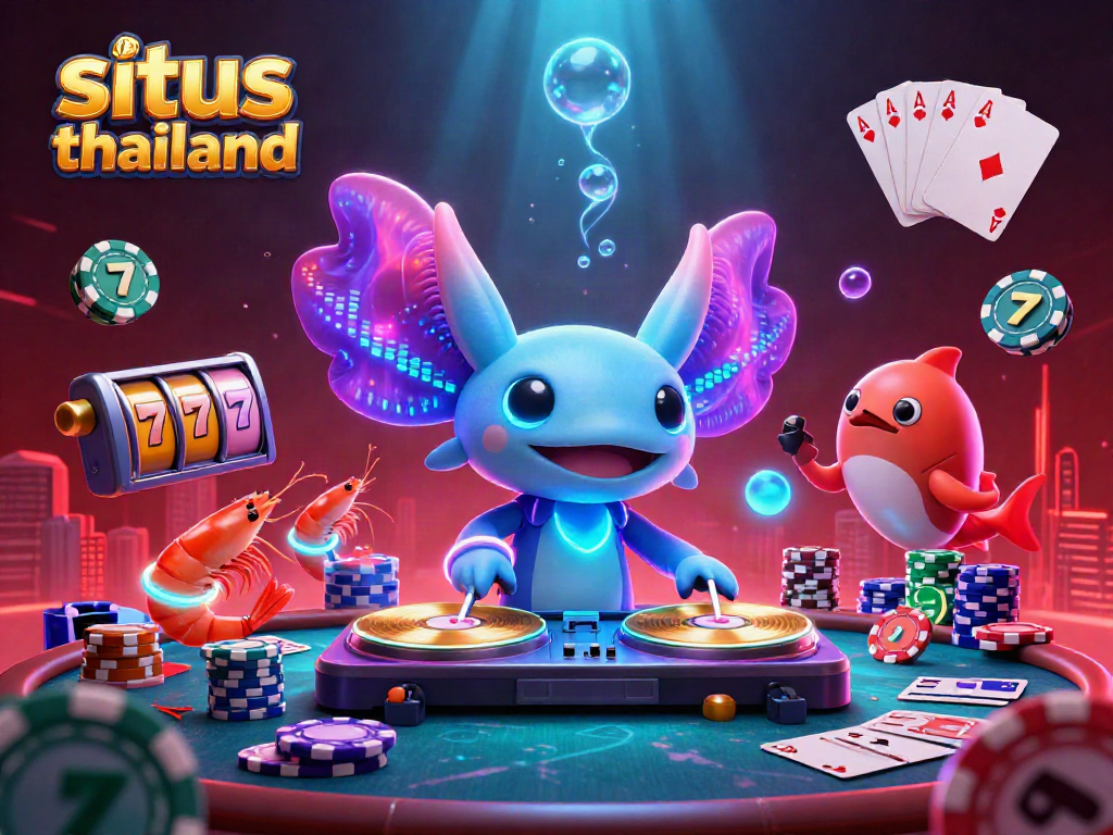 Situs Thailand showcases a neon axolotl DJ spinning vibrant casino vibes with poker elements.