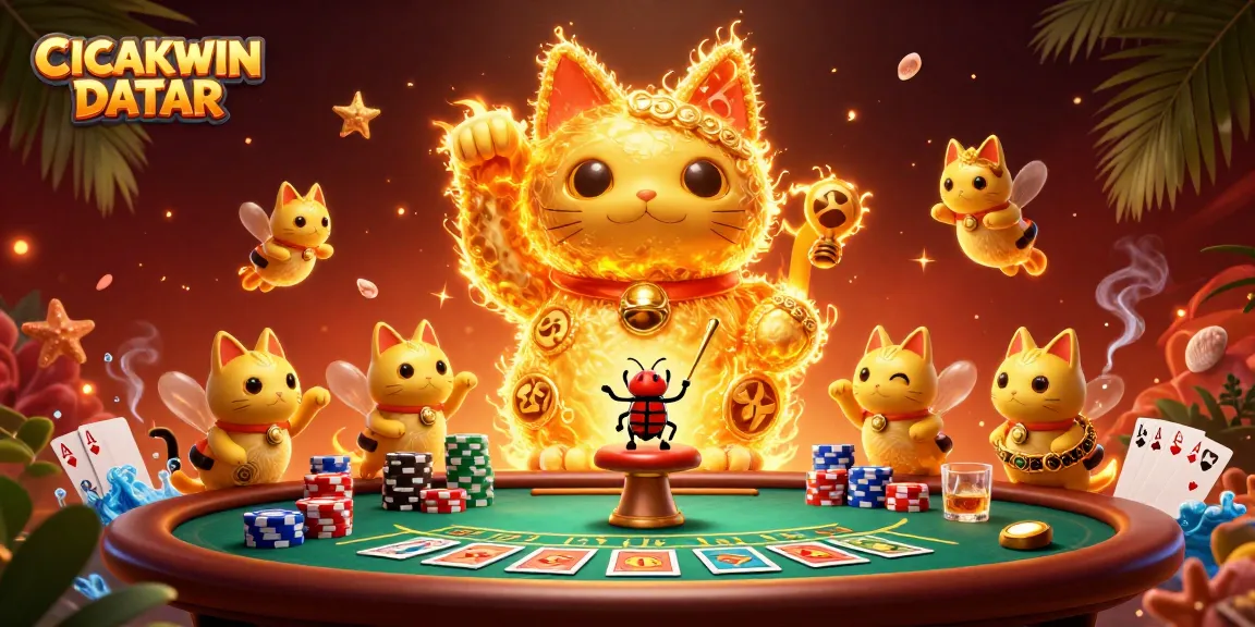 Experience vibrant wins with CICAKWIN DATAR showcasing golden lucky cat and poker chips.