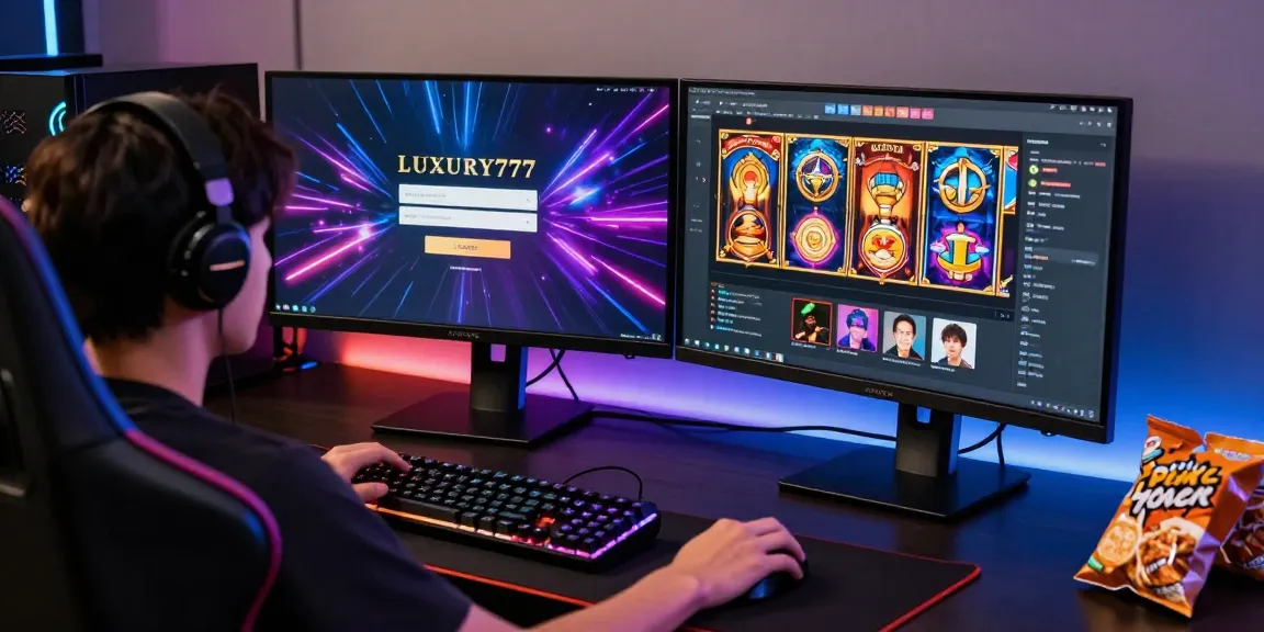 Pengguna melakukan LUXURY777 Login di komputer gaming, dikelilingi perangkat modern dan suasana menarik.