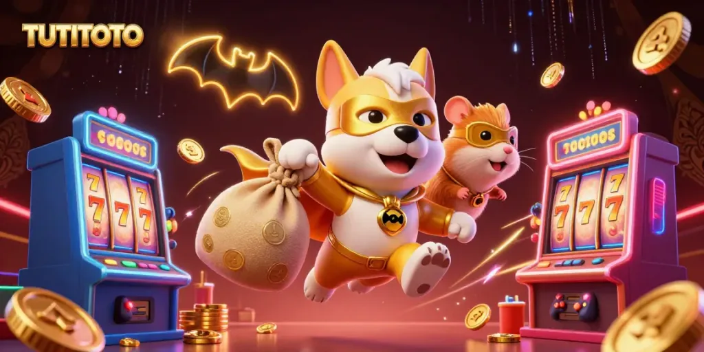 TUTITOTO brings excitement with a superhero dog and sidekick amidst vibrant slot machines.