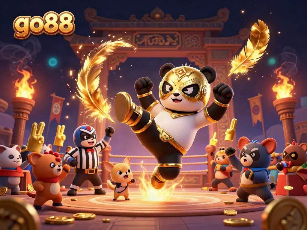 Experience the excitement of go88 as a panda wrestler flies into action in a vibrant casino scene.
