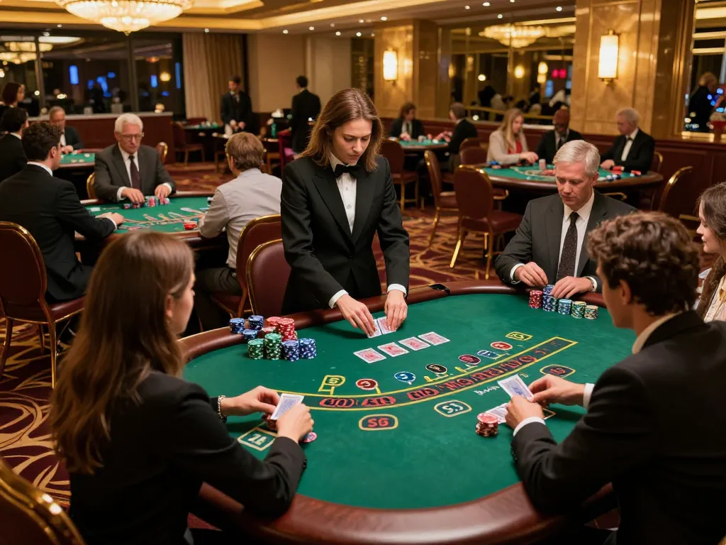 Players at tg88 blackjack tables strategizing bets in an upscale casino setting.