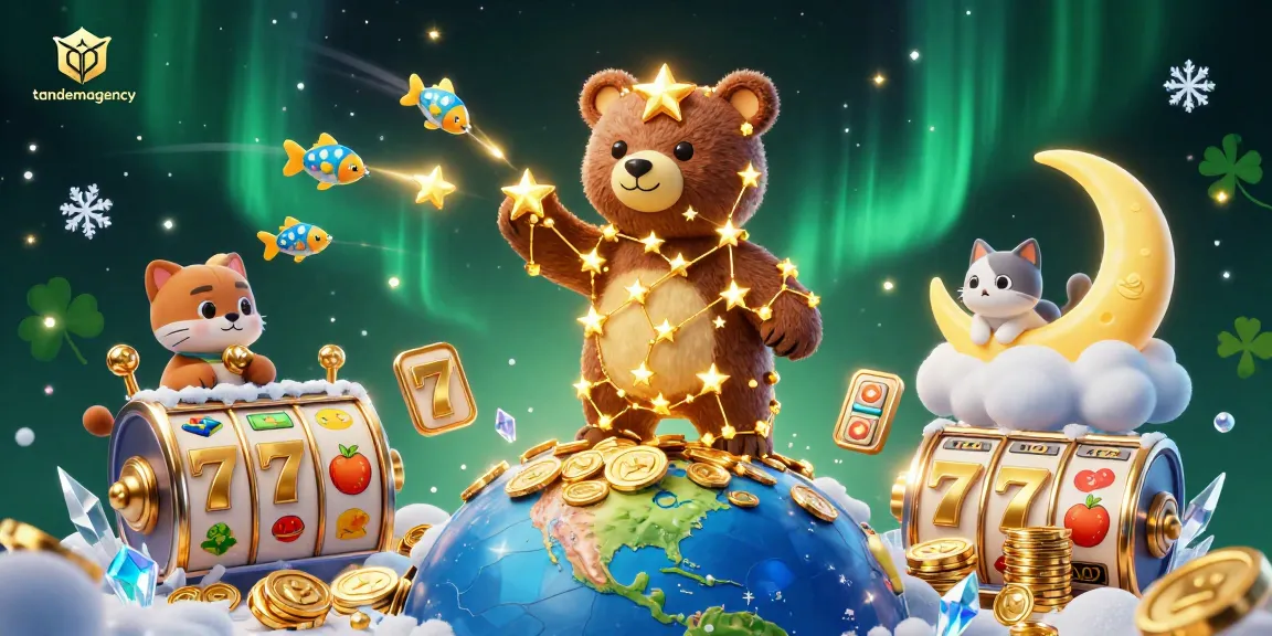Tandemagency illustrates a captivating casino scene with golden bear, slot reels, and vibrant game elements.