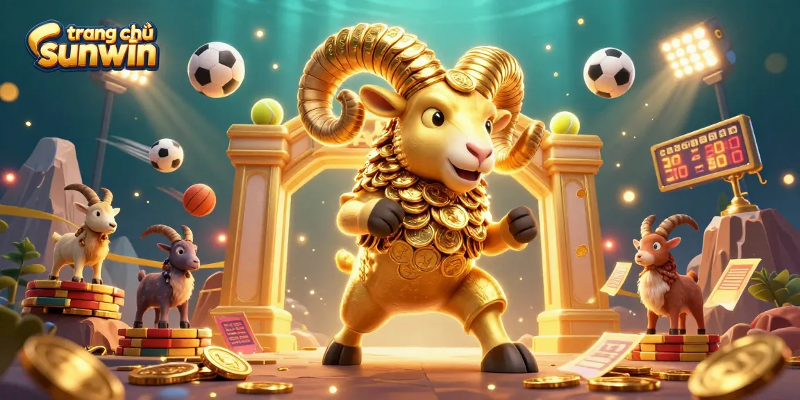 Join the excitement at trang chủ sunwin with a golden ram charging through a tantalizing casino scene filled with vibrant game elements.