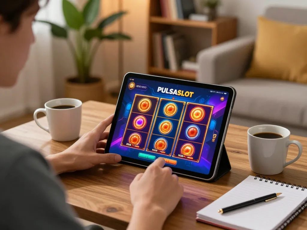 PULSASLOT player strategizing while enjoying online slot gaming on tablet at home