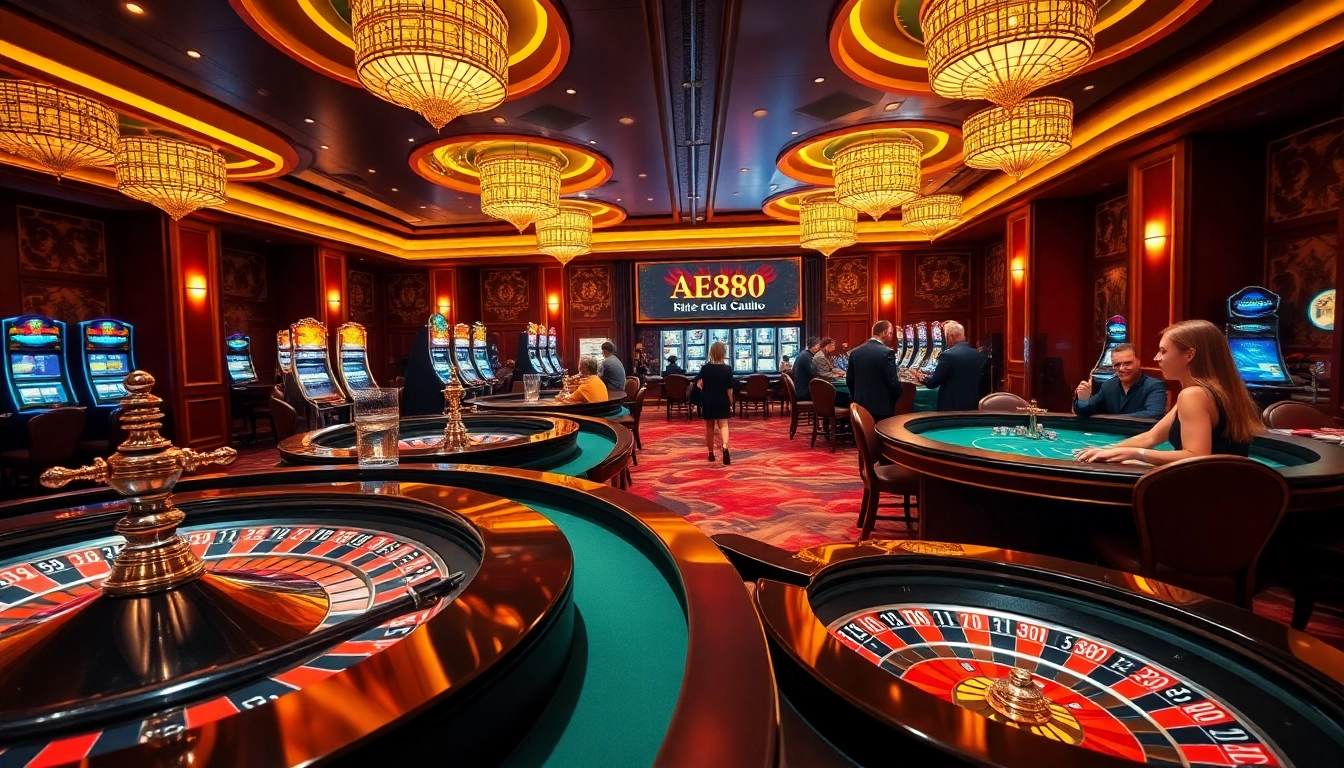 A dynamic AE888 casino scene showcasing players in action at tables with vibrant roulette wheels and poker chips.