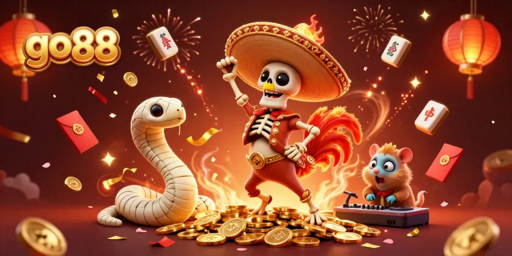 Experience the excitement at go 88 with vibrant characters celebrating amidst gold coins and dynamic casino elements.