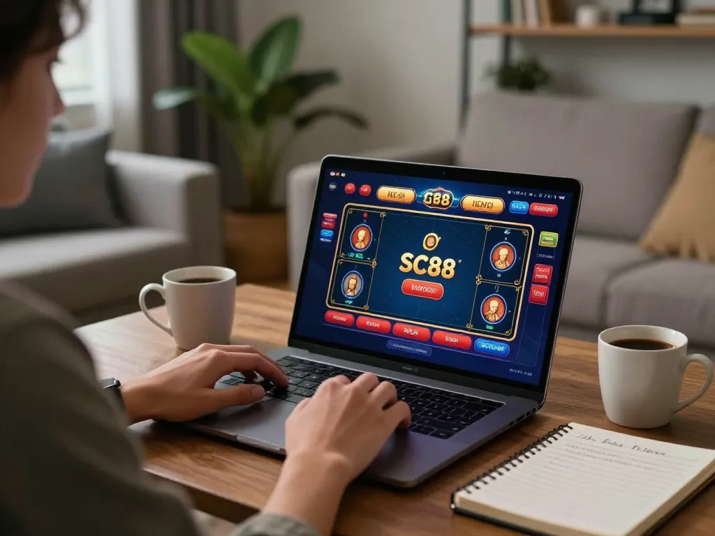 Player accessing SC88 online casino game from a cozy home setup, highlighting modern gaming.