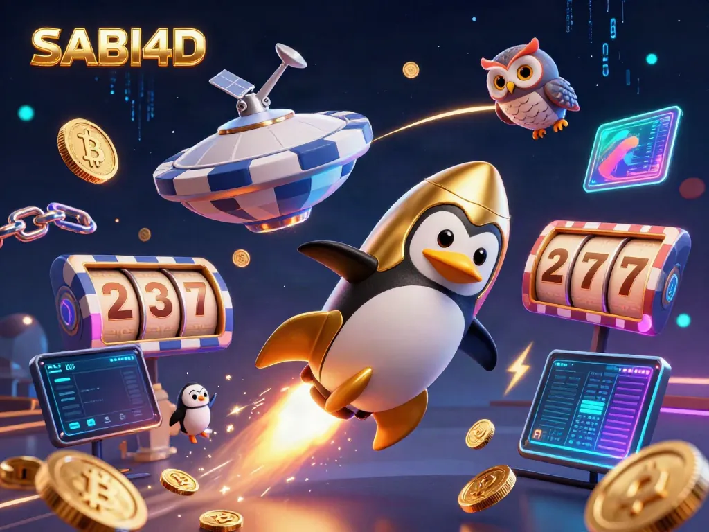 SABI4D kreatif dengan penguin emas petualang di ruang angkasa dan elemen judi dinamis.