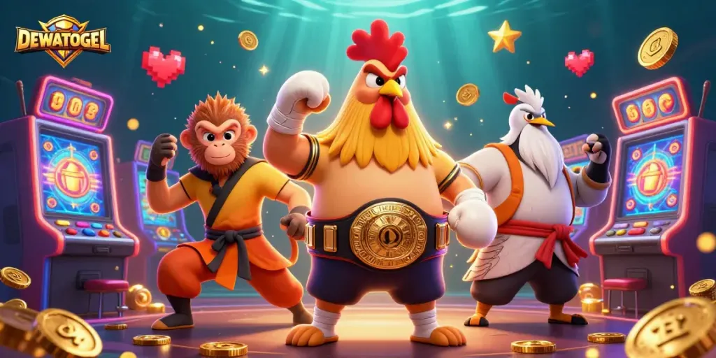 Experience the excitement of DEWATOGEL with a thrilling casino scene featuring vibrant characters and slot machines.