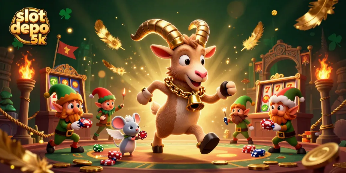 Permainan slot depo 5k dengan karakter lucu dalam kasino penuh warna yang menarik perhatian pemain.