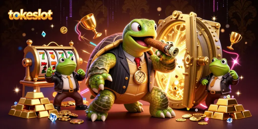 TokeSlot: Enjoy thrilling slot gameplay with a glamorous turtle mobster and frog enforcers.