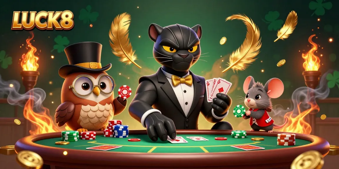 Engaging illustration of LUCK8 with a stylish panther dealer, lucky mouse, and wise owl in a lively casino setting.