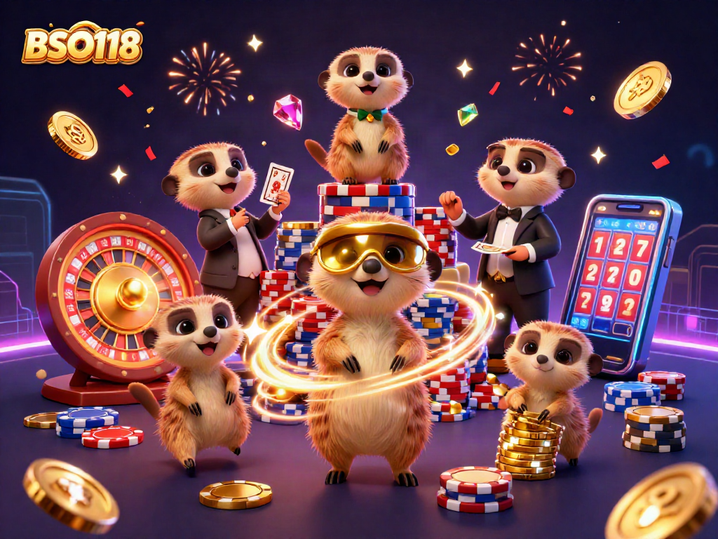 Engage with BSO118 in a vibrant casino scene full of meerkats, chips, and excitement.