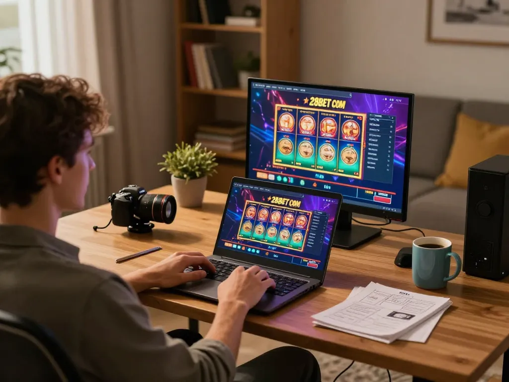Player engaging with 28BET COM online casino on laptop with vibrant gaming interface.