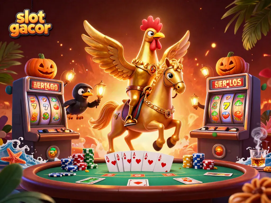 Slot gacor menampilkan ilustrasi kasino penuh warna dengan simbol keberuntungan dan kemenangan.