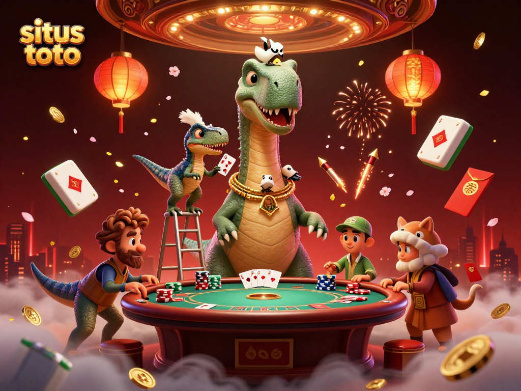 Gambarkan suasana situs toto yang menampilkan brontosaurus dan raptor dalam kasino.