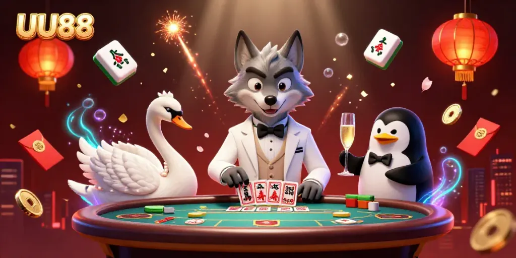 Engaging UU88 casino scene with a debonair wolf and elegant swan at a baccarat table surrounded by festive elements.