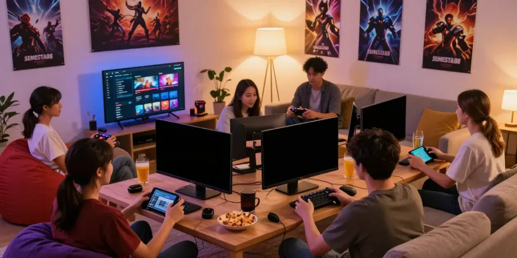 Gathering of gamers enjoying SEMESTA88 platform in a cozy living room.