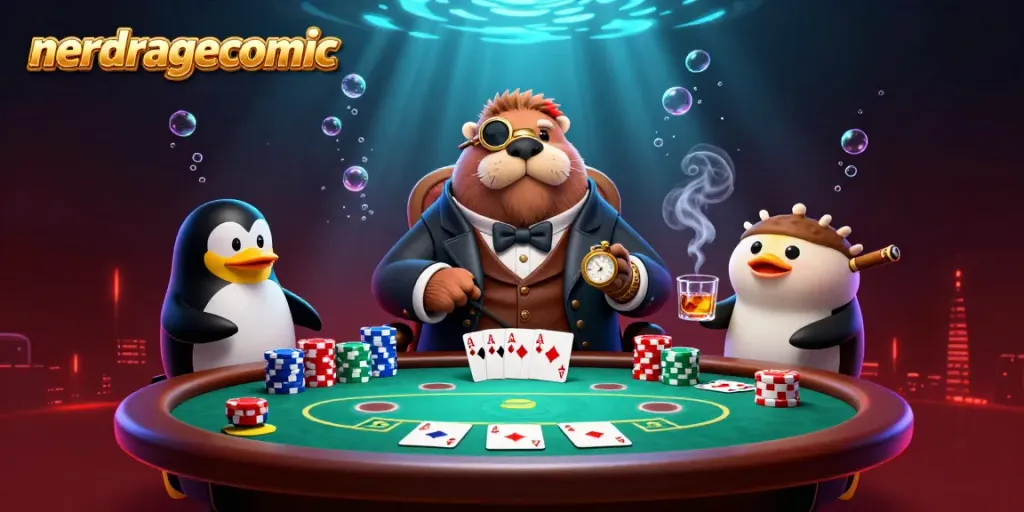 Menggertak di meja poker, nerdragecomic memperlihatkan walrus, dealer penguin, dan pufferfish.