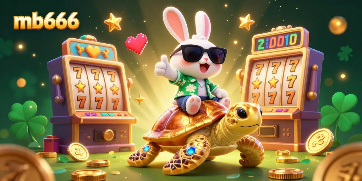 Experience thrilling gameplay at mb666 with a lucky rabbit and giant turtle in a vibrant casino scene.