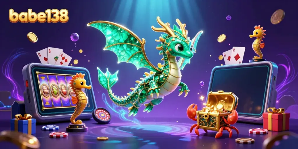 Gameplay di babe138 dengan naga laut berkilau dan elemen slot interaktif.