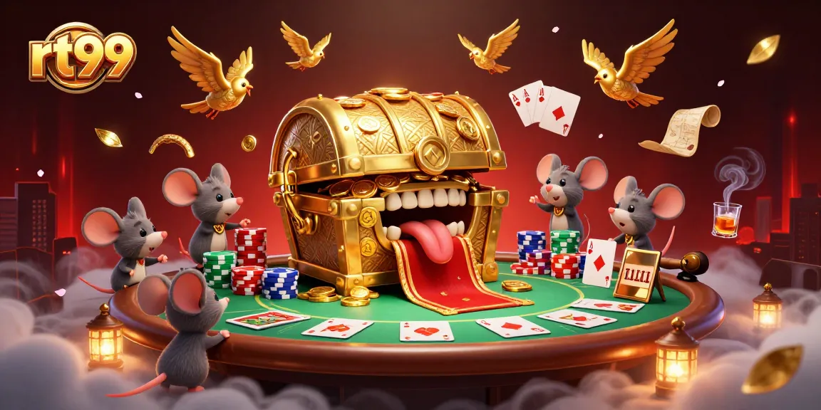 Engage in vibrant gameplay at rt99, featuring golden treasures, poker elements, and rich casino ambiance.