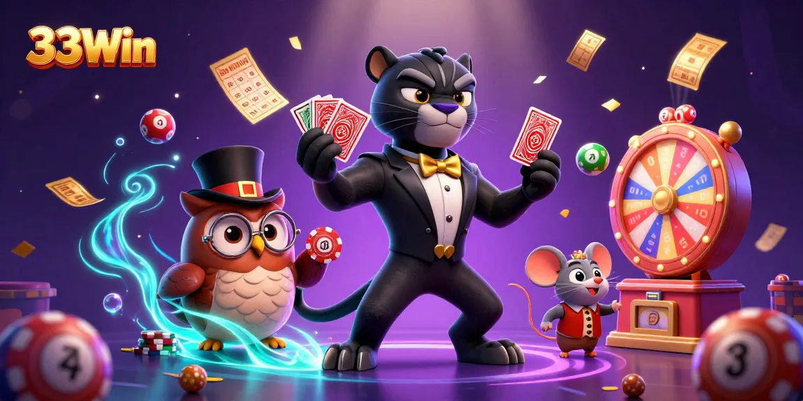Engage with 33Win's vibrant gaming scene featuring a stylish panther dealer, lively owls, and exciting lottery themes.