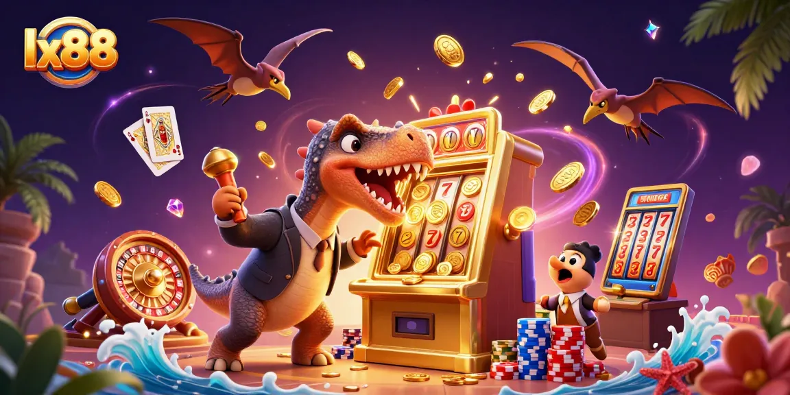 lx88 captures excitement as a dinosaur hits a slot machine amid a flurry of golden coins.