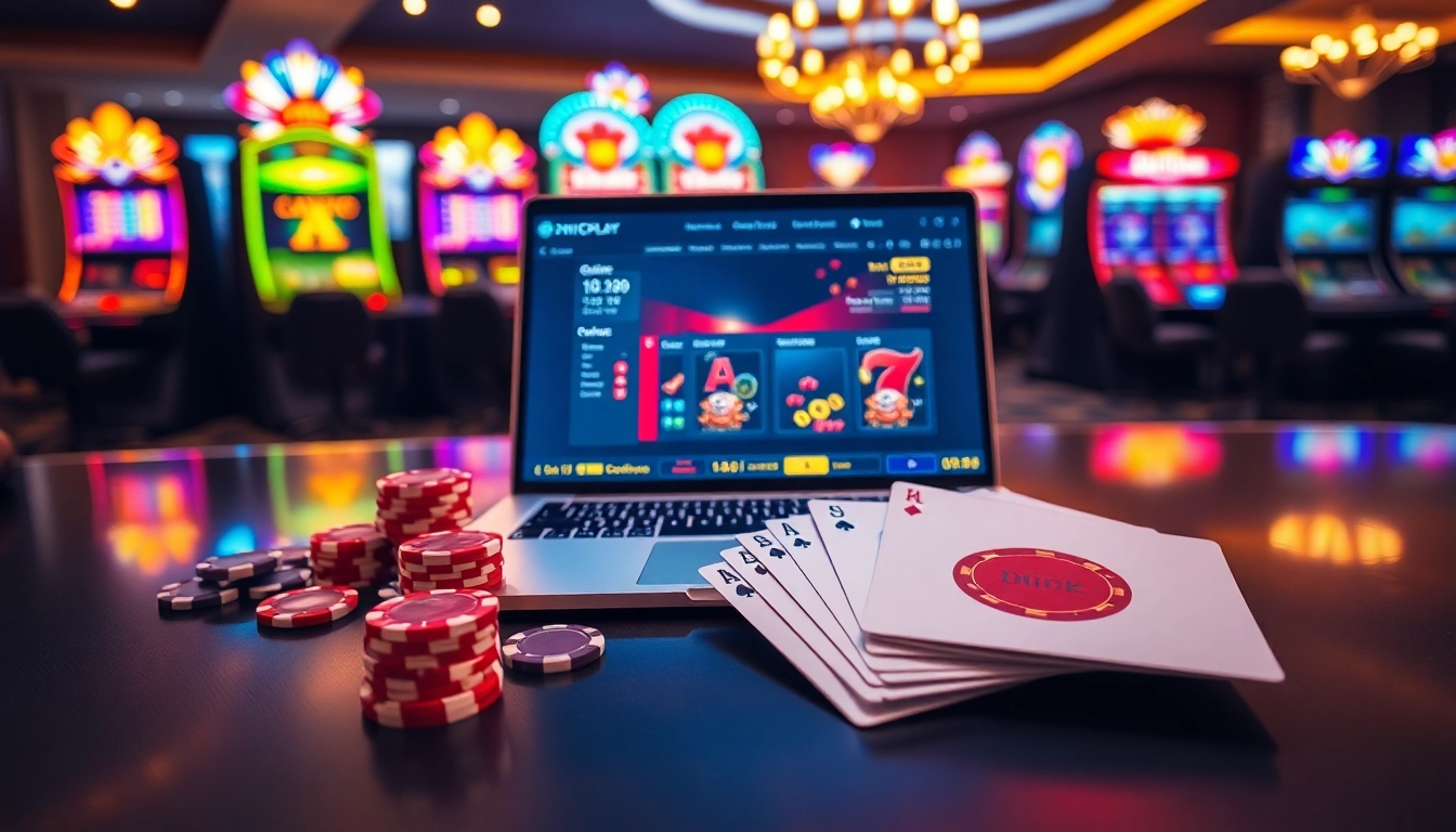 Experience the thrill of Onicplay with vibrant slots and poker chips at a luxurious online casino.