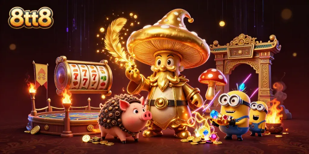 Experience the adventure of 8tt8 in a vibrant casino with magical elements and treasures.