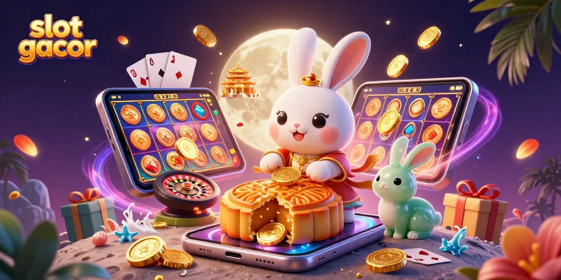 Slot gacor dengan kelinci bulan menghancurkan kue bulan yang berisi chip poker, dikelilingi elemen kasino.