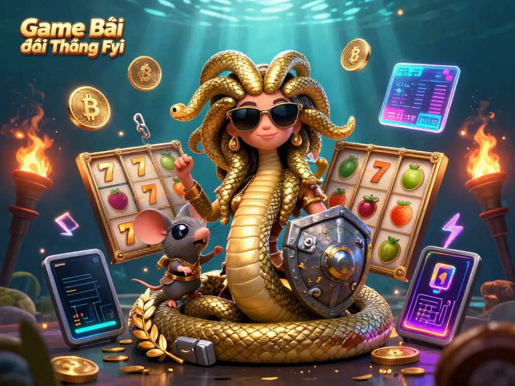 Engage with the vibrant scene showcasing Game Bài Đổi Thưởng Fyi, featuring Medusa and a warrior mouse, amidst dynamic slot elements and cryptocurrency.