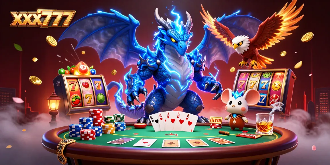 Experience exciting gaming at xxx777 with a dramatic scene of poker and vibrant slot elements animated in 3D.