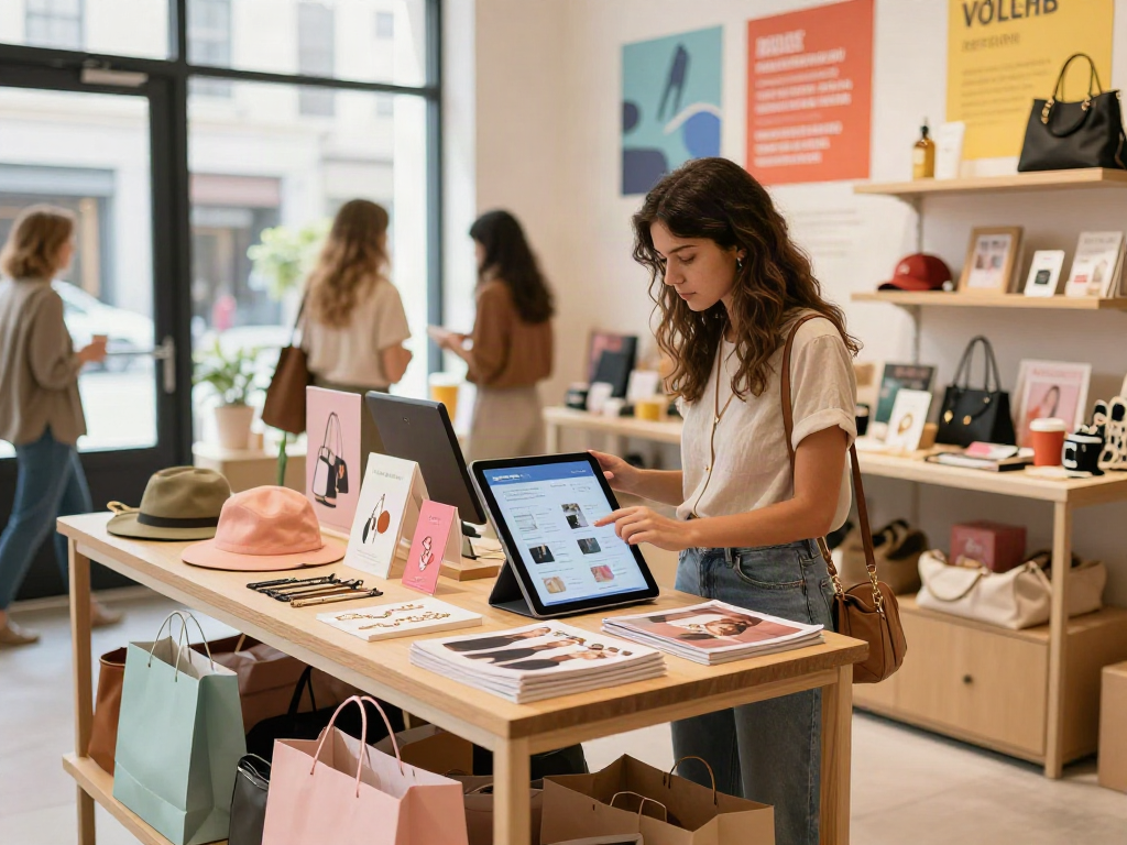 Young woman browsing trendy accessories in urban boutique focused on bro138 shopping experience.
