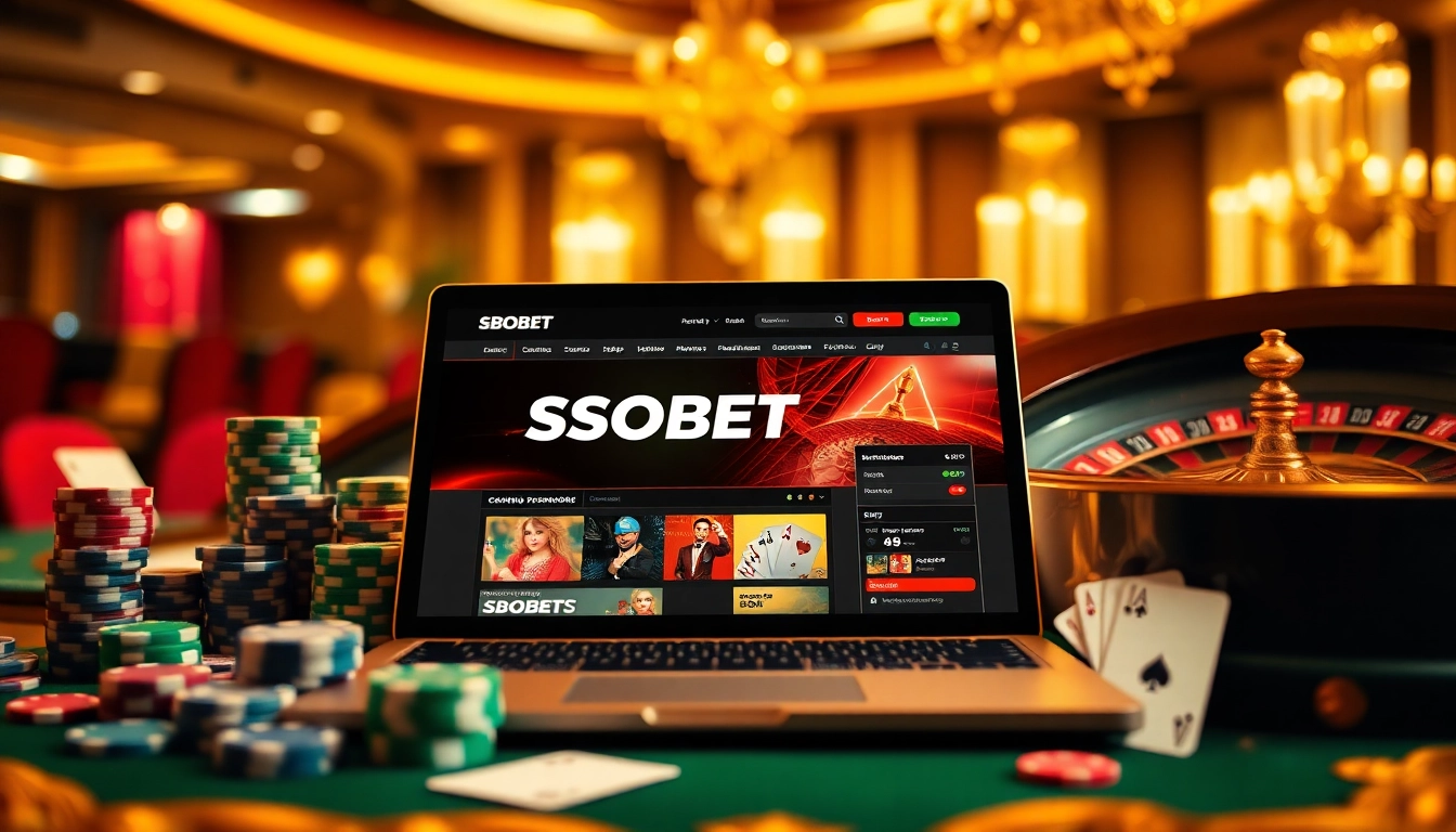 Sbobet login terbaru displayed on a sleek device surrounded by poker chips and roulette wheel, showcasing online gambling excitement.