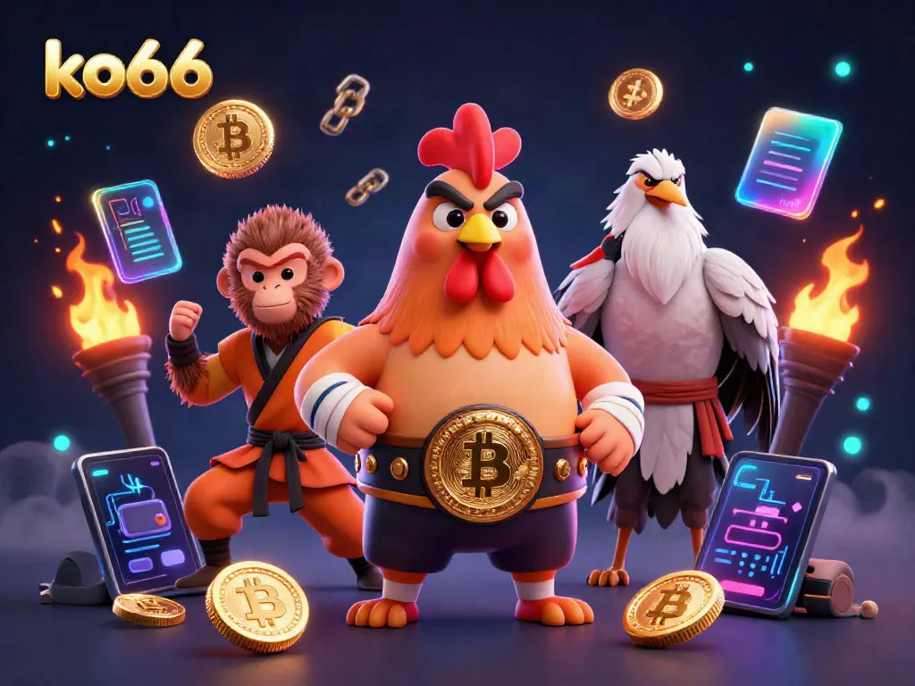 Engage in thrilling gaming with ko66, a vibrant 3D casino scene highlighting a Muay Thai rooster, Shaolin monkey, and wise crane, surrounded by blockchain assets.