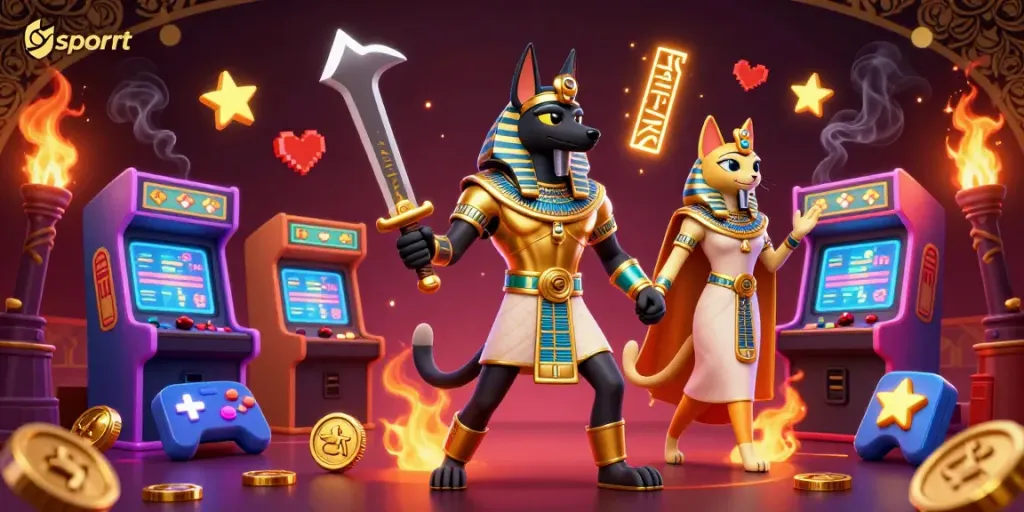 Engage with bsport's thrilling casino scene featuring Anubis and Bastet, surrounded by vibrant game elements.
