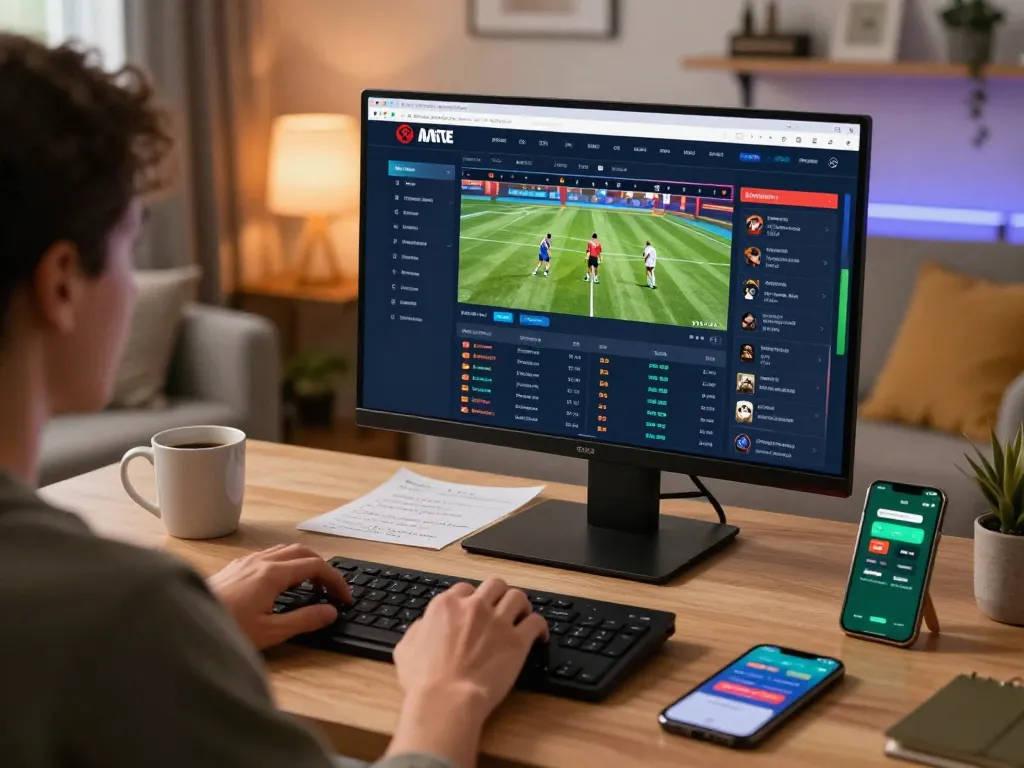 Person engaged in live sports betting on jangkar55 platform in a cozy home office, analyzing odds and strategies.