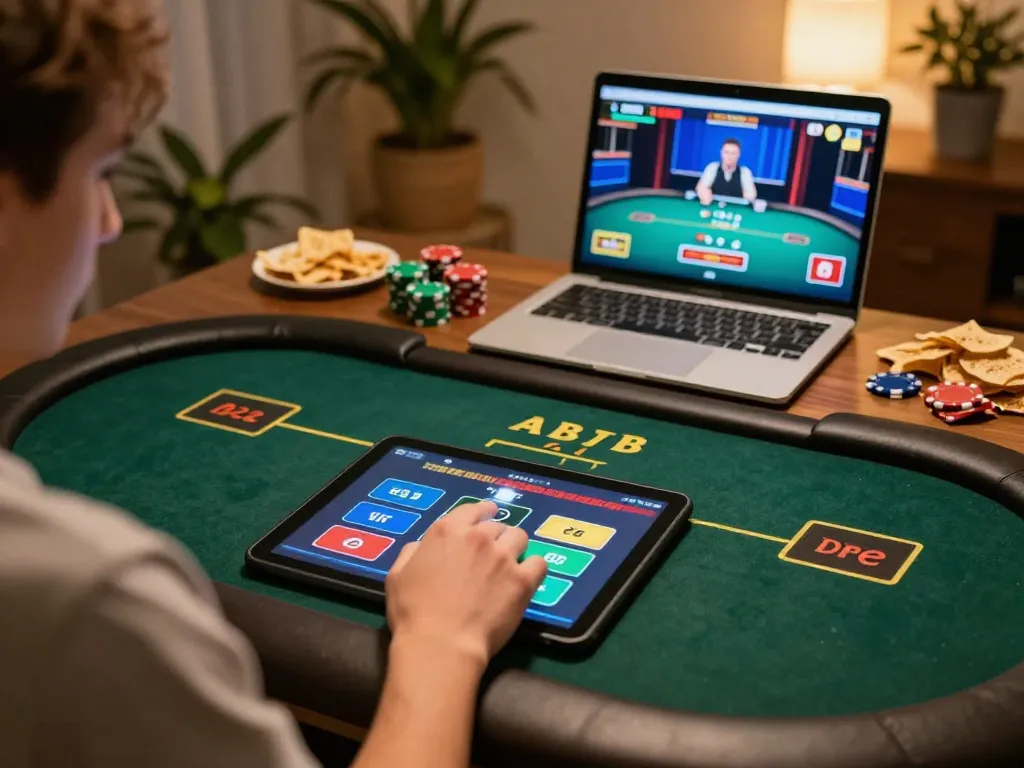 IDNSCORE player engaging with online poker game in a comfortable home setup, showcasing vibrant gaming interface