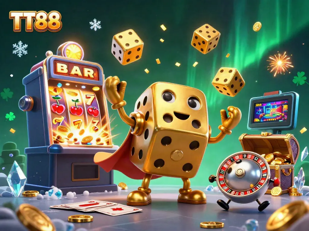 Experience thrilling gameplay at TT88 with golden dice golem and a jackpot burst surrounded by gaming symbols.
