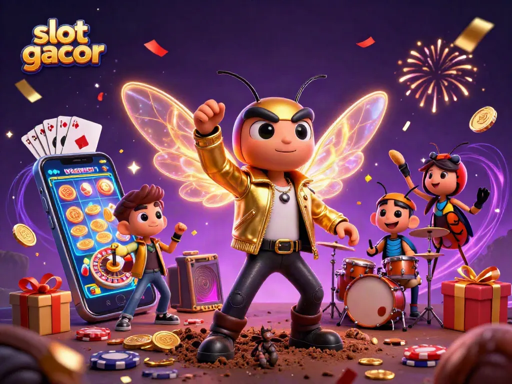 Slot gacor menampilkan cicada rock star 3D dengan elemen permainan kasino berwarna-warni.