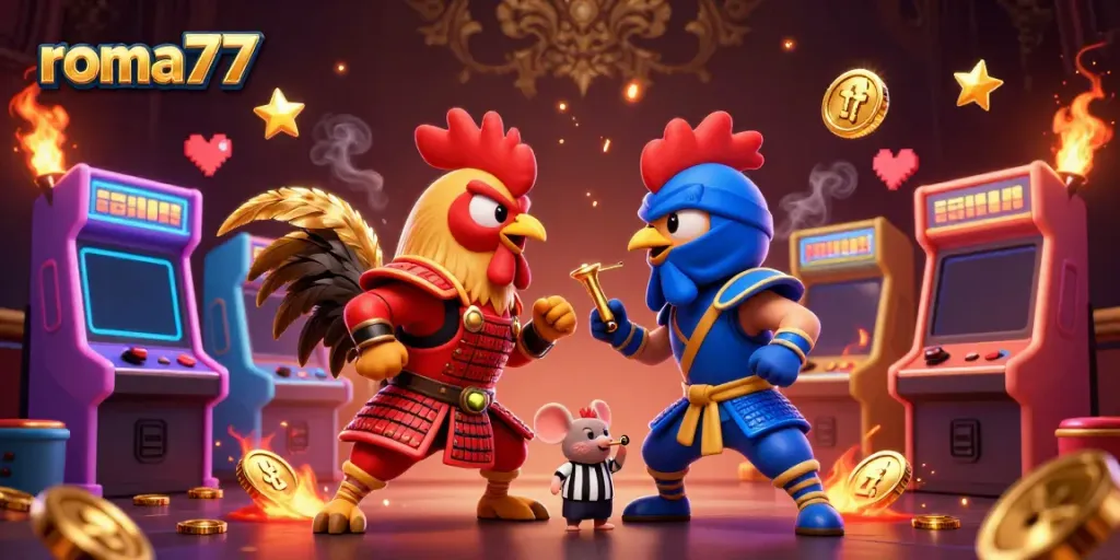 Roma77 menghadirkan duel seru antara ayam jantan bertema ninja dan samurai dalam suasana kasino yang penuh energi.
