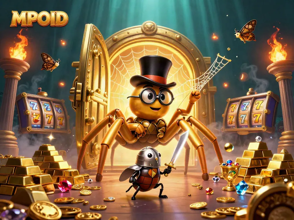 MPOID showcases a vibrant 3D casino scene with a golden spider and a beetle knight amidst treasure.