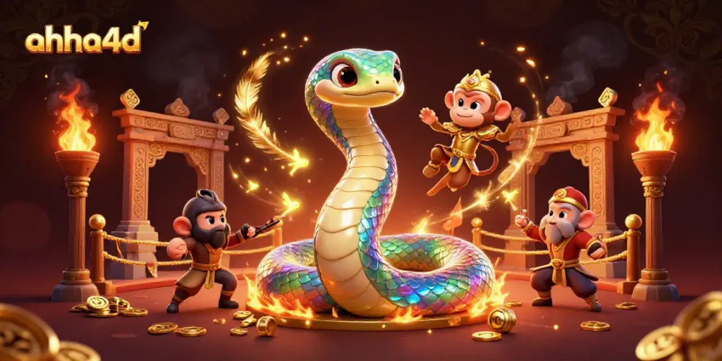 Gambarkan kegembiraan permainan slot di ahha4d dengan ular pelangi dan raja monyet dalam ilustrasi magis.