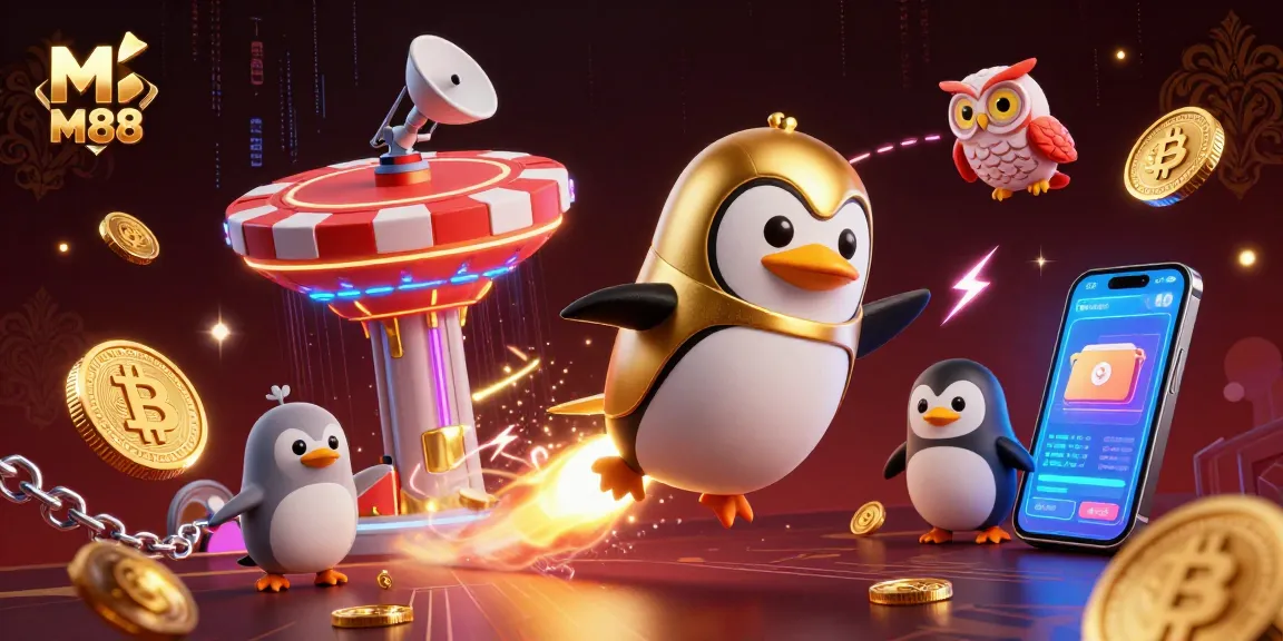 Engage with M88 through this vibrant casino scene featuring characters and crypto elements.