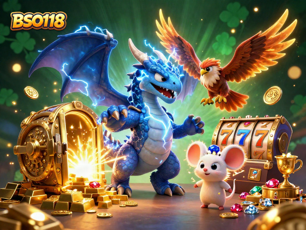 Spin the reels and win with BSO118 in a vibrant casino illustration filled with treasures.
