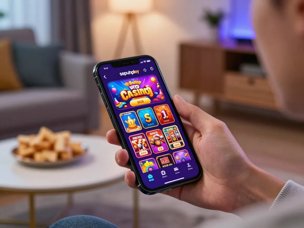 Menikmati permainan di platform permainan terbaik sepuhplay melalui smartphone, menampilkan antarmuka aplikasi kasino yang penuh warna.